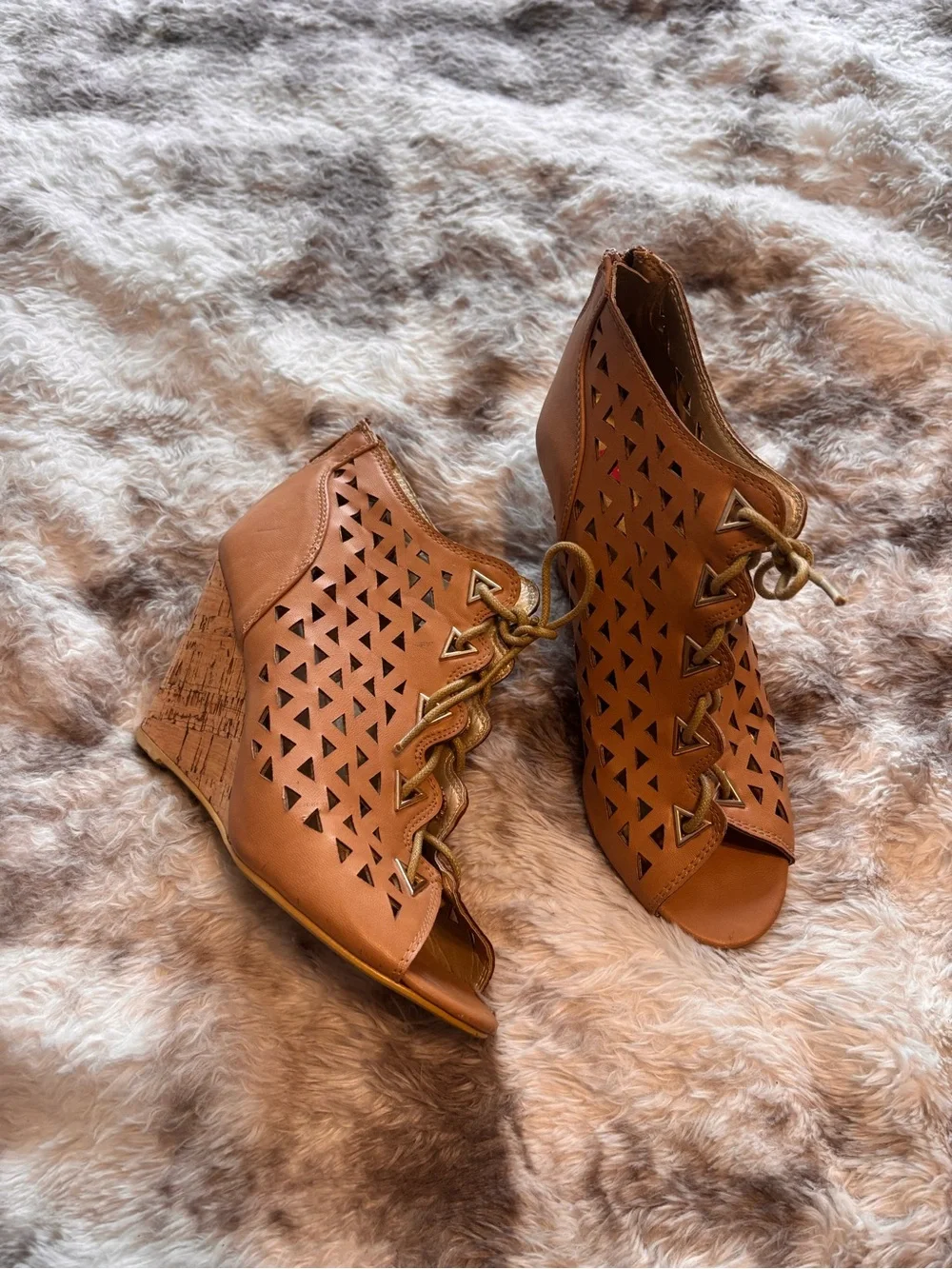 Lace-Up Cork Wedge Sandals in Tan
